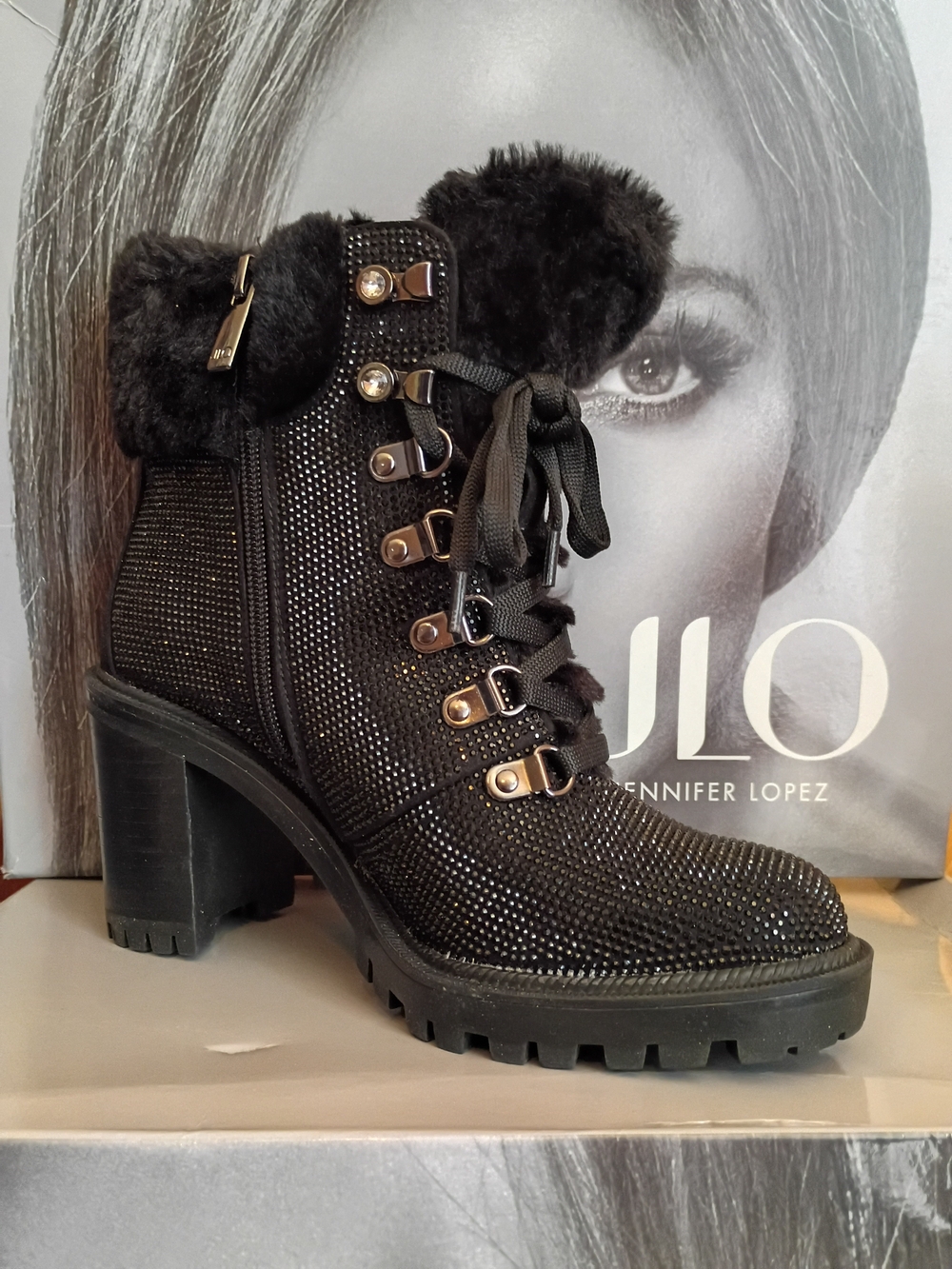 Jennifer Lopez Black Graysen Booties Lace-Up Embellished Faux-Fur Ankle‎ Boots